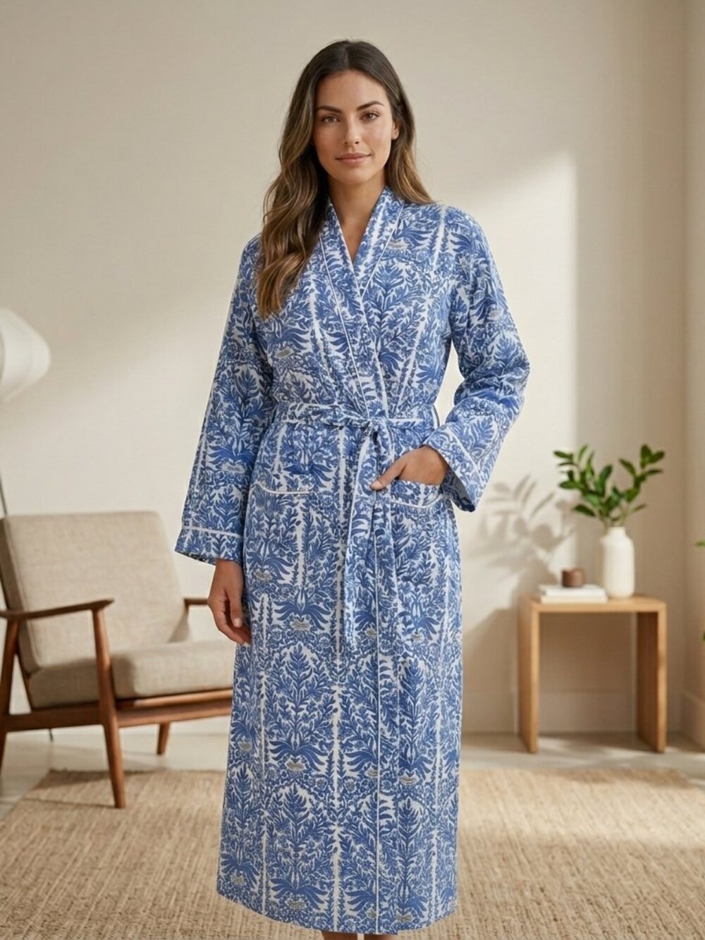 Hand block Print Cotton Kimono Robe, Floral Lounge Gown, Bridesmaid Gift, Resort